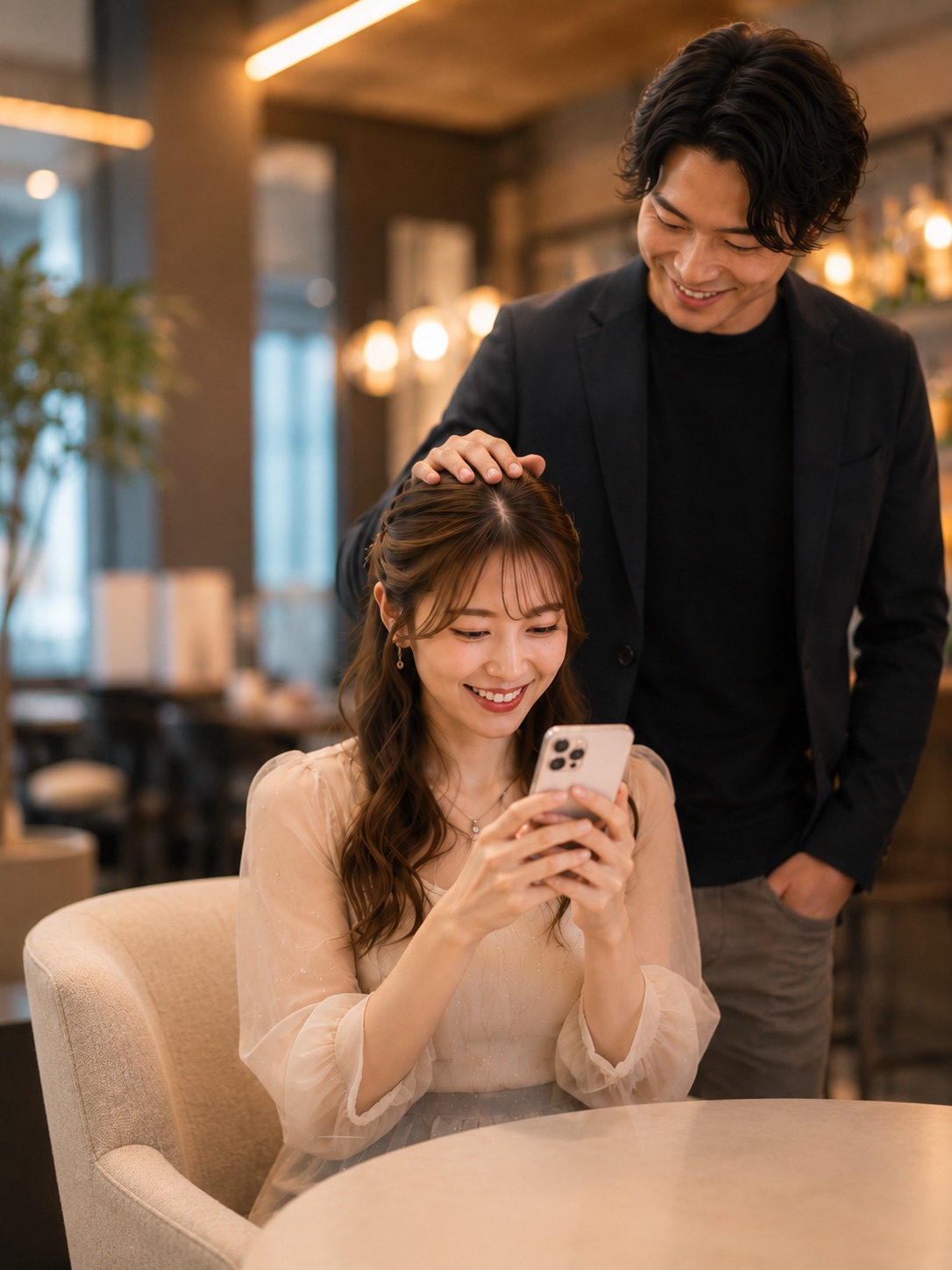 スマートフォンを見ながら笑顔で話すお店のスタッフ