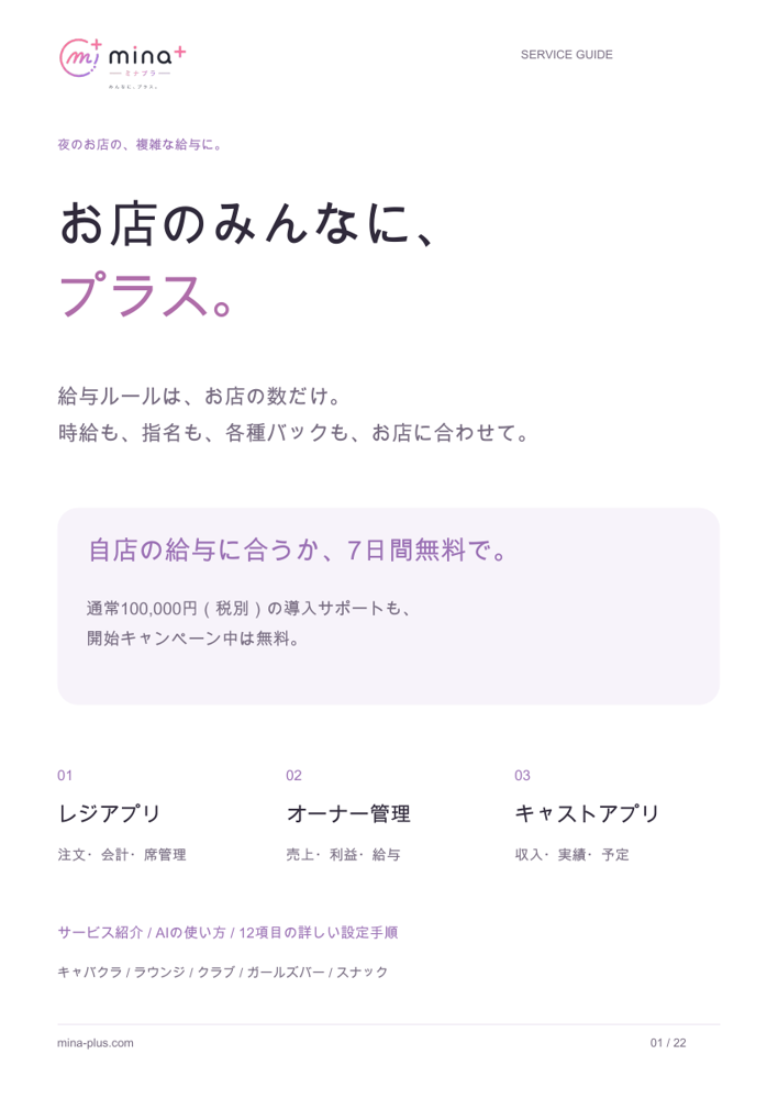 mina＋ サービス・導入ガイドの表紙